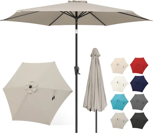 Vista 21 de FLAME&SHADE Sombrilla de patio de 11 pies, sombrilla de mesa para exteriores con botón de inclinación y manivela, protección UV, 8 varillas