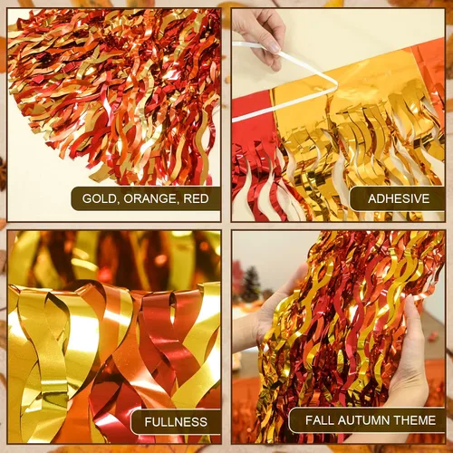 Vista 6 de Decoraciones para fiestas de otoño Mega-L, paquete de 2 faldas de mesa rojas, naranjas y doradas
