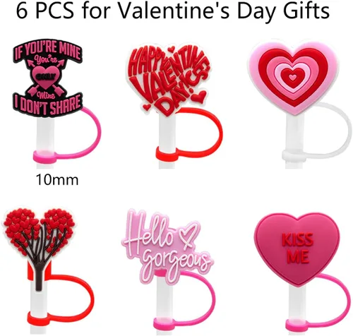 Vista 7 de 6 fundas para pajilla, 6 unidades, con diseño de corazón de silicona, para vasos con asa, protector de tapones a prueba de polvo, reutilizables