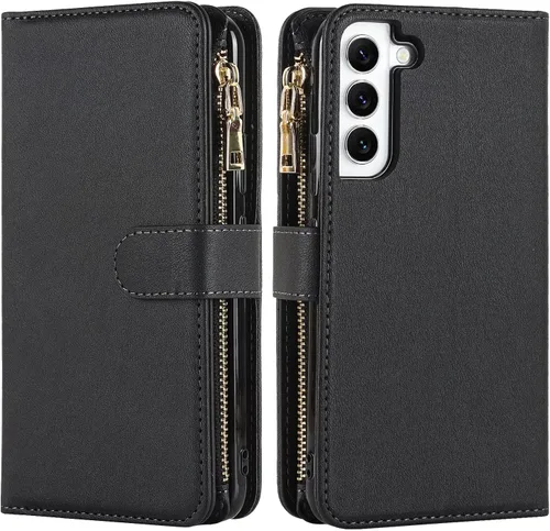 Vista 8 de Cavor Funda tipo cartera cruzada para Samsung Galaxy S22 Plus, color negro Funda de cuero con cierre magnético con cremallera y función atril TPU