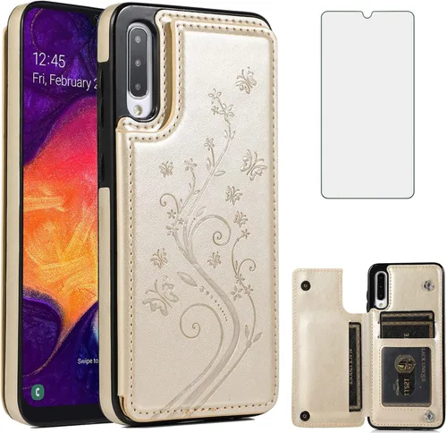 Vista 11 de Funda de teléfono para Samsung Galaxy A50 con protector de pantalla de vidrio templado y tarjetero con soporte para tarjetero, accesorios de cuero