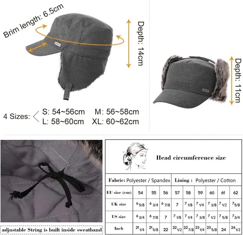 Vista 4 de Jeff & Aimy Gorra de béisbol unisex de invierno con orejeras trampero de caza, sombrero de esquí, 21.3-24.4 in