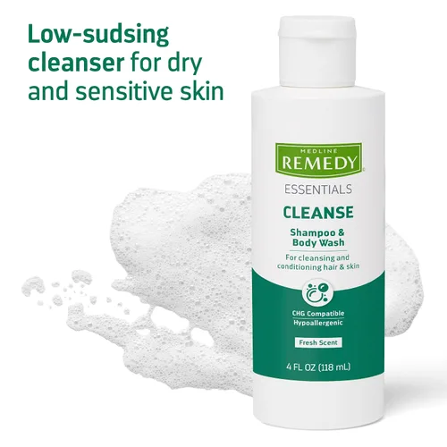 Vista 4 de Medline Remedy ESSENTIALS Champú y gel de baño, 2 onzas líquidas, aroma fresco, limpiador de cuerpo completo con aloe, para adultos y ancianos, gel