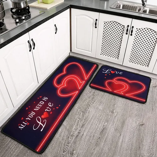 Vista 4 de Juego de 2 alfombras y tapetes de cocina, para el día de San Valentín, decoración de corazón rojo, antideslizantes, parte trasera de goma