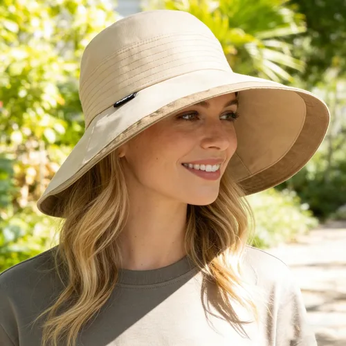 Vista 3 de Sombrero de verano para mujer, de ala ancha, transpirable, protección UV, para senderismo, campamento, jardinería Beige