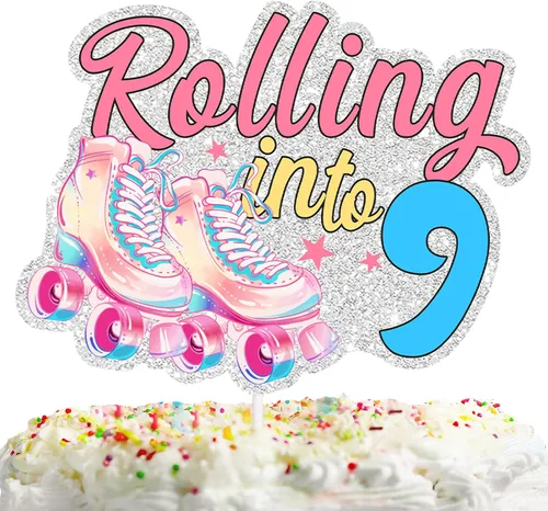 Vista 4 de Patines rosados con purpurina para tartas para niños y niñas que se enrollan en 6 suministros de decoración de fiesta de cumpleaños de los años 80