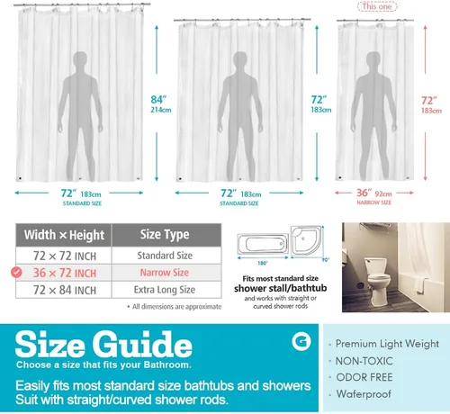 Vista 2 de Ga-Geetopia Tamaño estrecho: forro fino de plástico transparente PEVA para cortina de ducha, 36 x 72 pulgadas, repelente al agua, ligero, sin olor