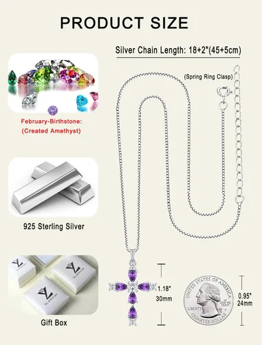 Vista 80 de YL Collar de cruz de plata de ley 925 con colgante de piedra natal religiosa para mujer