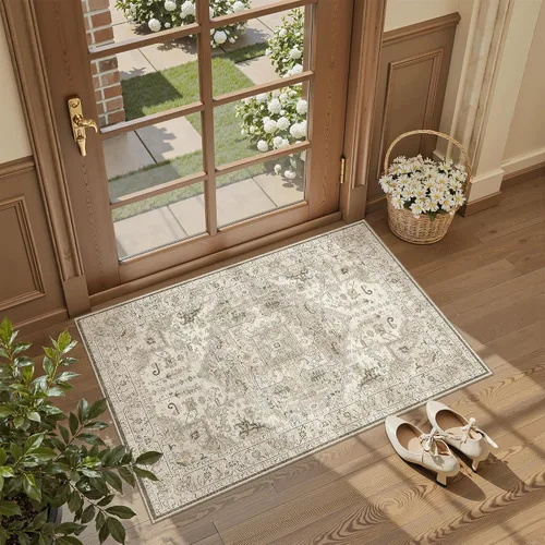 Vista 141 de Madane Alfombra lavable de 2 x 3 pies, alfombra de entrada pequeña, antideslizante, vintage, para entrada interior, alfombra de pelo bajo