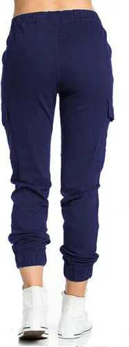Vista 3 de UQRZAU Pantalones de trabajo para mujer, color sólido, casual, cintura elástica, con cordón y bolsillo lateral, pantalones de lápiz casuales