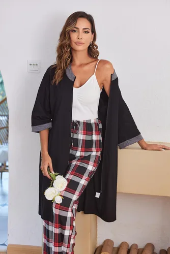 Vista 2 de Ekouaer - Pantalones cómodos de pijama, con bolsillos, a cuadros, elásticos y con cordón, para mujer