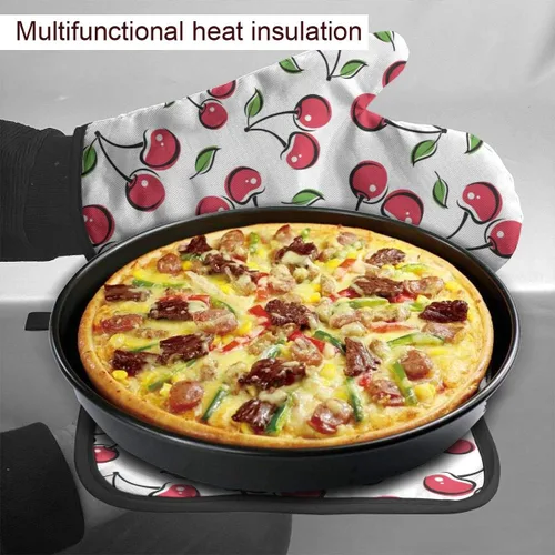 Vista 5 de Juego de 2 guantes de horno y soportes para ollas de cereza roja, resistentes al calor, con superficie antideslizante para una barbacoa segura