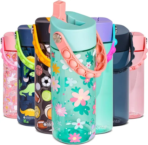 Vista 35 de Elemental Botellas de agua para niños – Botella de agua para niños Splash para la escuela con mango Pop-it – Botella de agua de plástico Tritan sin