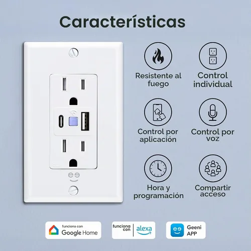 Vista 2 de Geeni Current Tomacorriente Wi-Fi Inteligente con 2 Puertos USB de Carga Rápida (20W USB-C PD y Carga Rápida USB-A), Control de Voz, No Requiere