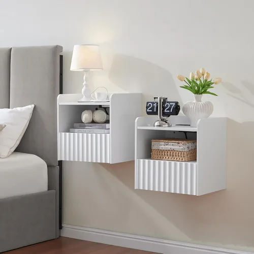 Vista 10 de BuildHom Moderna mesita de noche flotante acanalada montada en la pared, juego de 2 mesitas de noche con cajón de almacenamiento y estante