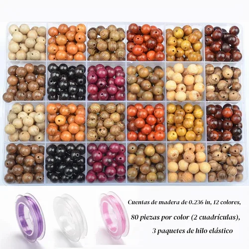 Vista 4 de MASSIVE BEADS - KIT de 960 cuentas de madera redondas sueltas mixtas naturales de 6 mm para hacer joyas, con hilo e agujas (12 de madera, 6 mm)