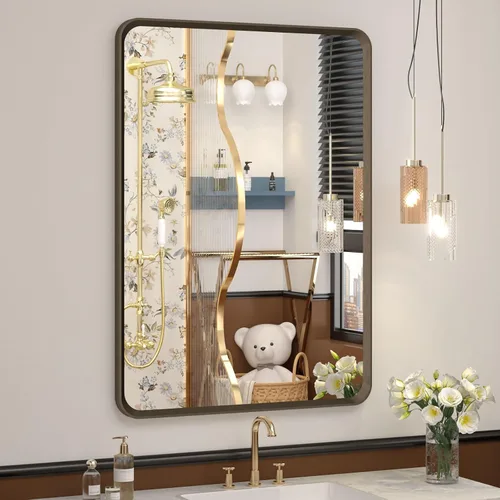 Vista 38 de OKPAL - Espejo de tocador de baño de 20x24 pulgadas con marco de metal cepillado en bronce, espejo de baño con marco de metal cepillado en bronce