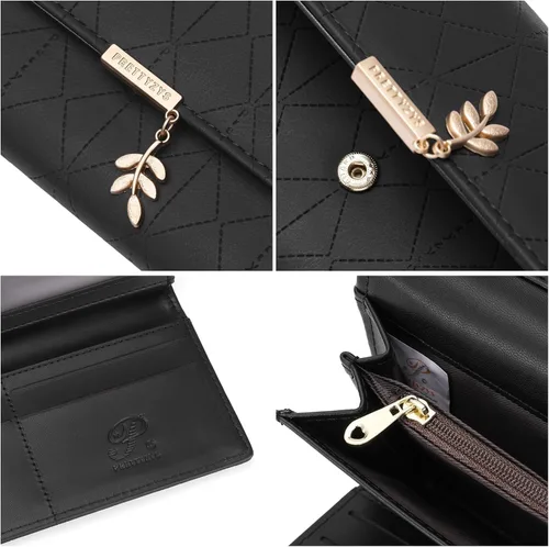 Vista 3 de aurrako Carteras de cuero para mujer, tarjetero de cuero RFID, triple pliegue, monedas, bolsillo con cremallera y ventana de identificación, gran