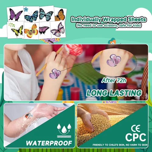 Vista 4 de EMOME 50 hojas de tatuajes temporales de mariposa para niñas, tatuajes envueltos individualmente para fiestas de cumpleaños de mariposas