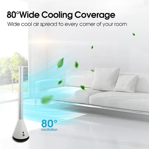 Vista 2 de Ventilador de torre sin aspas con 9 velocidades, ventilador de enfriamiento oscilante de 80° de ancho, ventilador eléctrico de pie con temporizador