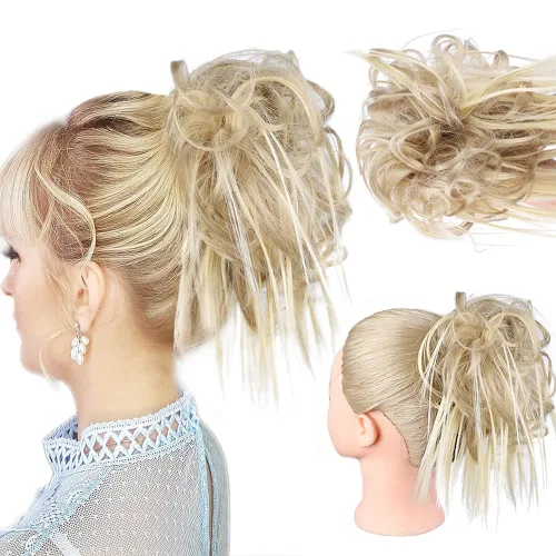 Vista 45 de HMD - Extensiones de cabello tipo chongo alborotado con rodelo despeinado, banda elástica de goma, extensiones de cabello sintético para mujer