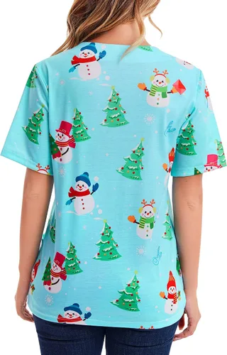 Vista 6 de Camisa de cuello en V con estampado de Navidad, muñeco de nieve azul claro