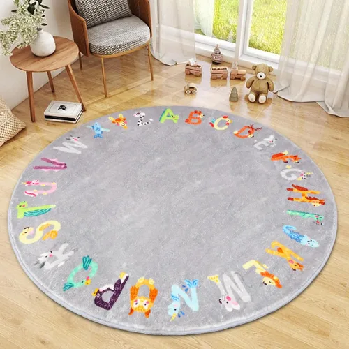 Vista 7 de Alfombra redonda ABC para niños, 4 pies con letras del alfabeto de animales, lavable, antideslizante, bonita alfombra para habitación de niños