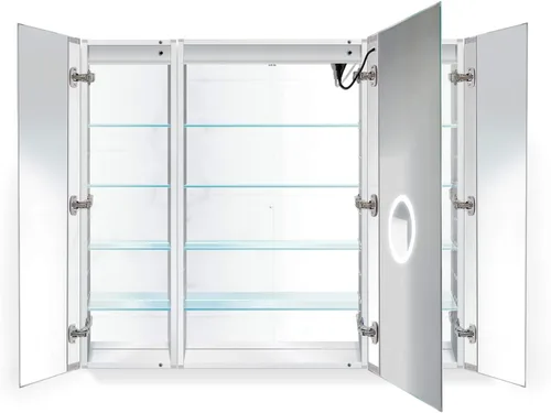 Vista 7 de Krugg Botiquín LED de 36 x 36 pulgadas Armario de espejo empotrado o de montaje en superficie con atenuador y desempañador + 3 espejos