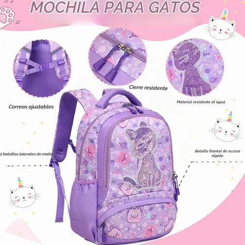 Vista 4 de Mochila de escuela primaria para niñas con lonchera, mochila de regreso a clases 01-lentejuela Púrpura