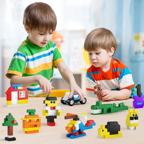 Vista 4 de burgkidz Premium Building Blocks Set: caja de almacenamiento con tapa de placa base 568-pcs set: 500 bricks/blocks, 14 shapes, 10 colors +