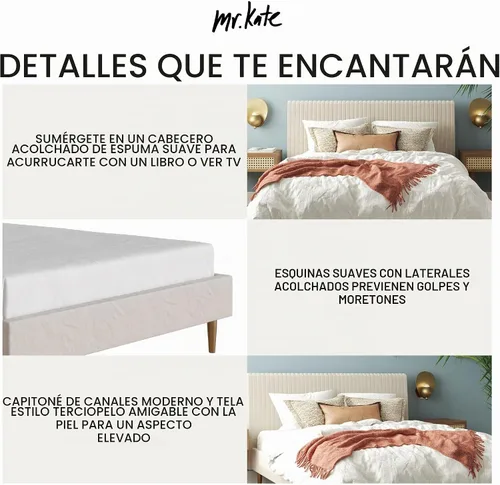 Vista 7 de Mr. Kate Daphne - Cama tapizada con cabecera capitoné de canal vertical, tamaño matrimonial, terciopelo marfil