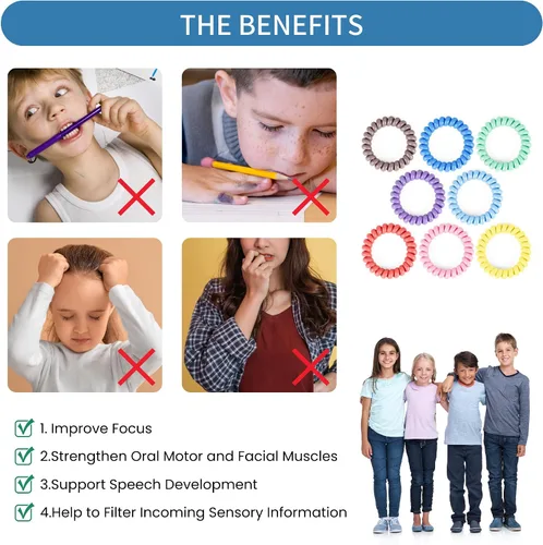 Vista 4 de Pulseras sensoriales antiestrés para niños y niñas, paquete de 8 pulseras elásticas de bobina para niños con autismo, TDAH, SPD o necesidades