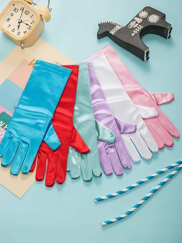 Vista 5 de Zhanmai 6 pares de guantes largos de vestir de princesa, guantes de satén sedosos brillantes para fiestas de niños, bodas, concursos formales