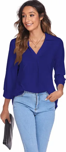 Vista 7 de Newchoice Womens Collared V Neck 34 Sleeve Shirts Business Casual Tops Loose Work Blouses (M-3XL)