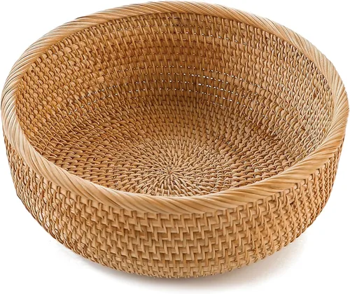 Vista 6 de HITOMEN Cestas de pan de ratán hechas a mano redondas de mimbre para servir frutas, cuencos de almacenamiento de frutas de tejido natural