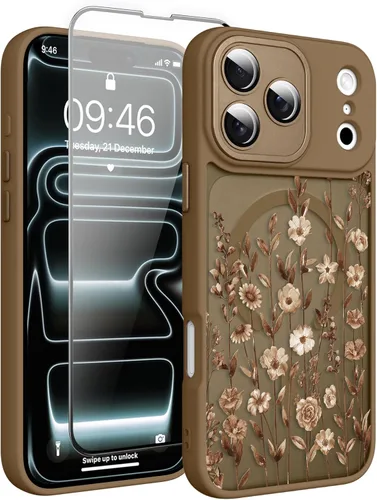 Vista 38 de Magnético para iPhone 13 con protector de pantalla [Compatible con MagSafe] Diseño de patrón floral de flores bonitas, funda delgada a prueba