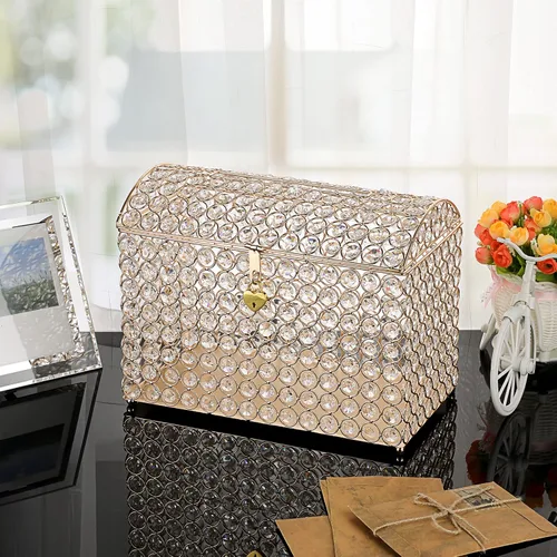 Vista 8 de ELLDOO Caja de tarjetas de boda de cristal con cierre de corazón, 12.6 x 6.3 x 9.4 pulgadas, caja de tarjetas de dinero estilo cofre del tesoro