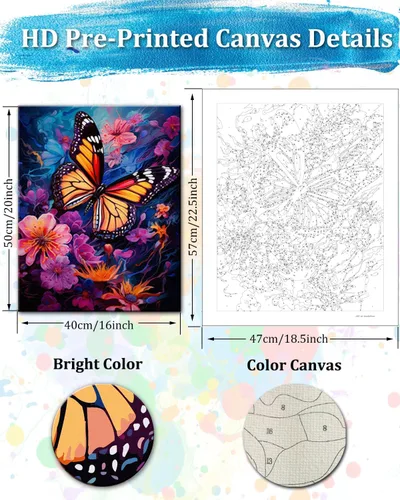 Vista 3 de TOCARE Kit de pintura por números de mariposas y flores para adultos principiantes, lienzo de pintura para adultos por números, juegos de pintura