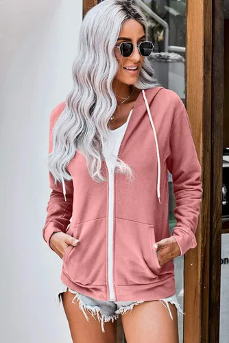 Vista 2 de WROLEM Sudadera casual con capucha y cremallera completa para mujer cómoda holgada de manga larga color liso con bolsillos
