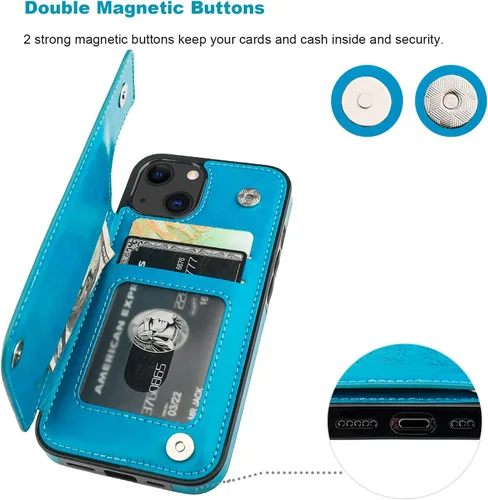 Vista 7 de Vaburs Funda compatible con iPhone 13 con tarjetero y diseño de mandala en relieve, de piel sintética, doble botones, a prueba de golpes, para Azul