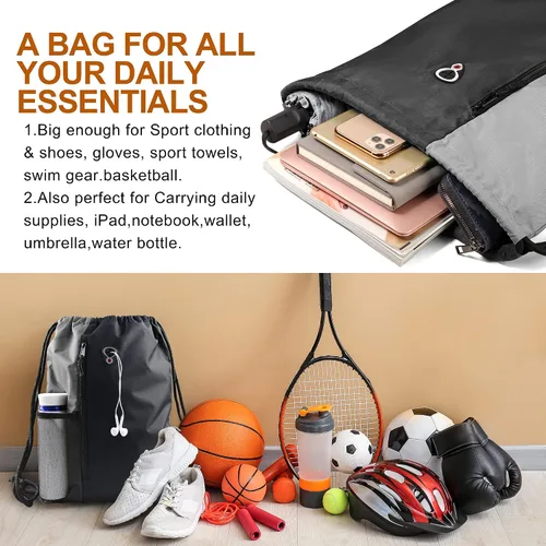 Vista 3 de Mochila con cordón, con estilo deportivo, bolsa de gimnasio para mujeres, hombres y niños, bolsa de gran tamaño con zíper y bolsillos de malla