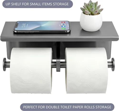 Vista 4 de Soporte de papel higiénico doble de acero inoxidable con estante de almacenamiento para teléfono (gris)