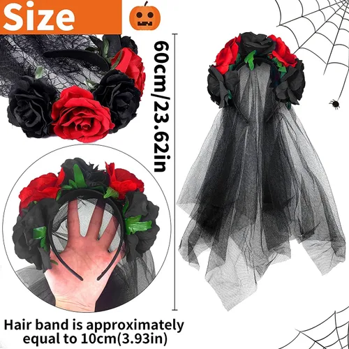 Vista 7 de Diadema del Día de los Muertos con velo para novia, rosa, corona floral, guirnalda de Halloween, disfraz de fantasma, carnaval, fiesta