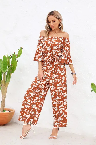 Vista 3 de Enterizo de verano estilo informal para mujer, estampado floral, hombros descubiertos y manga corta, diseño con volantes, corte holgado, cintura