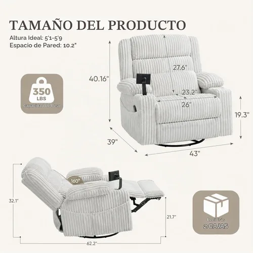Vista 2 de Sillón reclinable giratorio eléctrico con masaje y calor, USB A y C Gris pálido