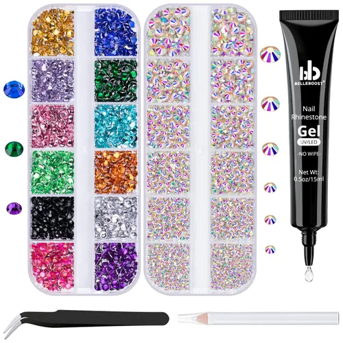 Vista 20 de Kit de pedrería para uñas BELLEBOOST, 15ml de pegamento de gel con strass + gemas coloridas + cristales de vidrio flatback AB y gemas transparentes