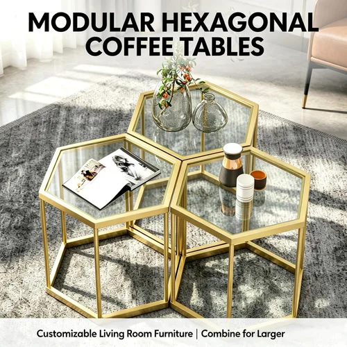 Vista 3 de Mesa auxiliar modular hexagonal, marco chapado en oro, parte superior de vidrio templado, mesa auxiliar geométrica, mesa anidable multiusos