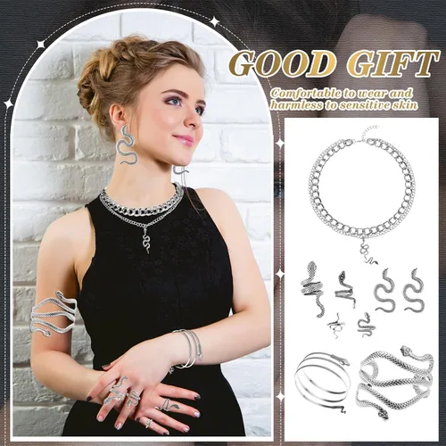 Vista 5 de Huquary 8 piezas de joyería de serpiente de Halloween para mujer, joyería de serpiente estilo egipcio, collar de serpiente, aretes, brazalete
