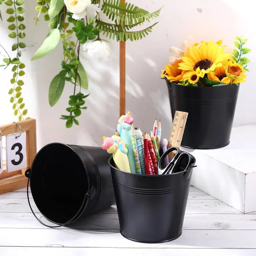 Vista 4 de Rtteri 24 cubos pequeños de metal con asa, mini cubetas a granel para lápices para aula, graduación, fiestas, canastas de hierro para flores de Negro