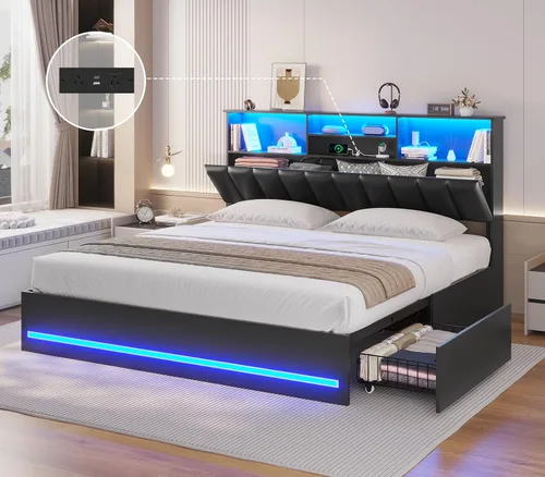 Vista 11 de AOGLLATI - Bastidor de cama tamaño completo con elegante cabecero tipo estantería y estación de carga y luces LED, bastidor de cama tamaño completo